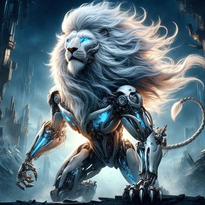 Primary subject: A lion with blue eyes and white mane.

Setting/background: A futuristic city with tall buildings and a blue sky.

Visual style: Digital art.

Colors and mood: The lion has blue eyes, and the overall atmosphere is futuristic and technological.